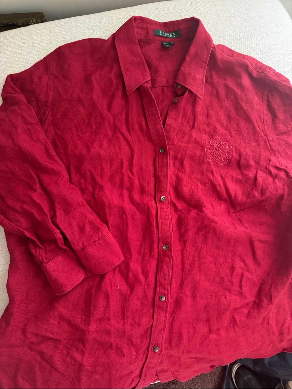 Lauren Ralph Lauren Red Linen Button-Front Shirt with Monogram